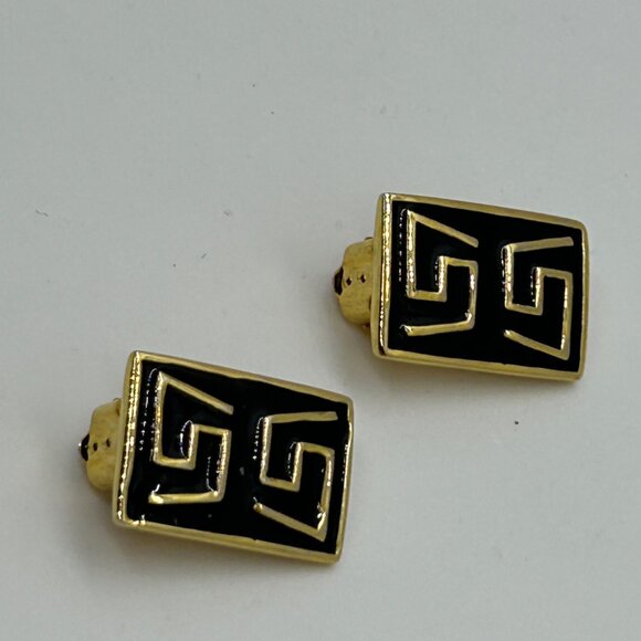 Vintage Gold & Black  Earrings Enamel Greek Key Clip-On 1980s Designer Statement - Picture 11 of 14